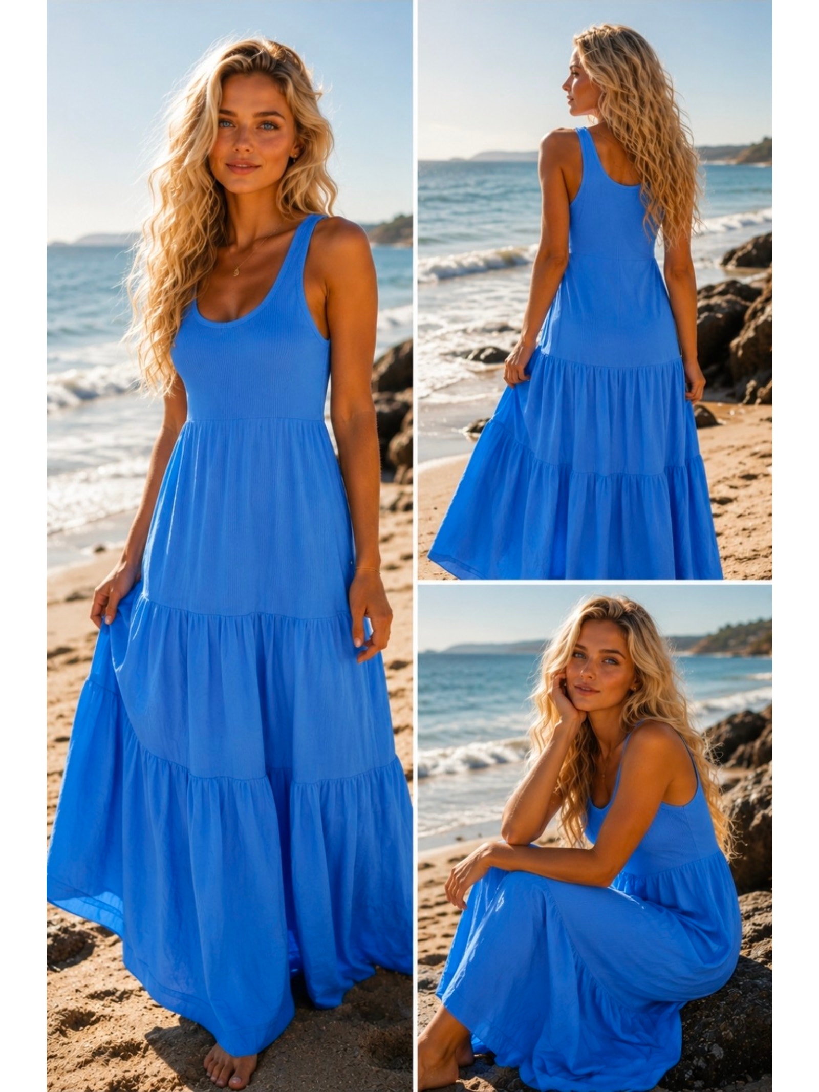 #200 Msrp $148 J.Crew Vintage Rib And Poplin Tiered Maxi Dress Horizon Blue L